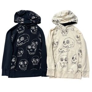 Nununu Hoodie Bundle Unisex 8-9 Kids Black Cream Skull Print Pullover Sweatshirt